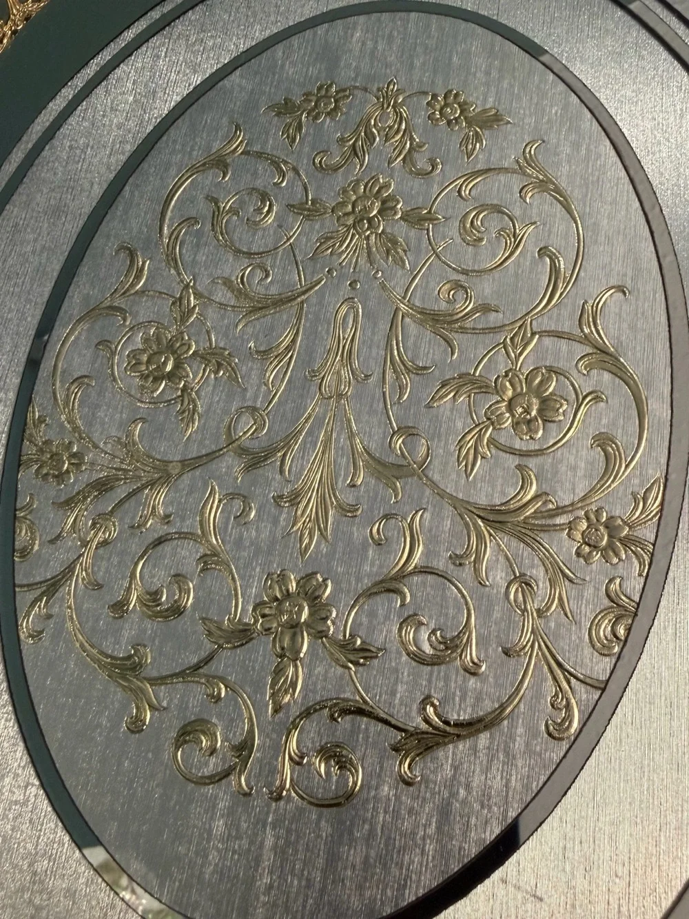Vintage 16” Oval Mirrored Vanity Tray Ornate Gold Filigree Hollywood Regency